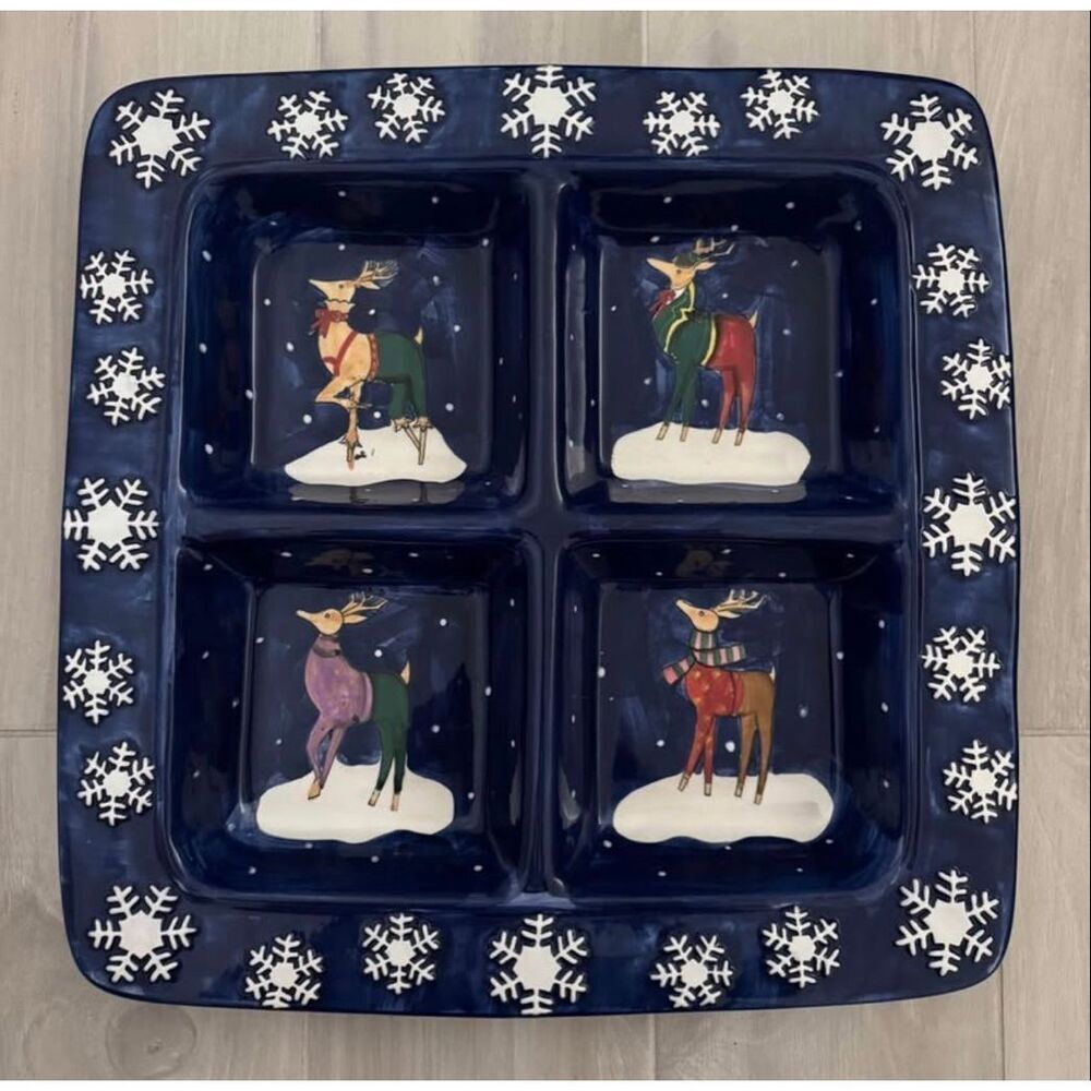 CIC Rebecca Ruegger Christmas Reindeer 4-part square divided platter